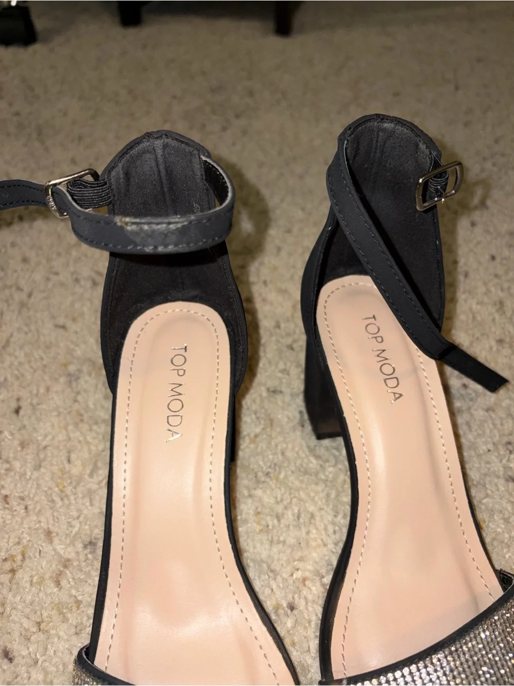 TOP Moda Black Ankle-Strap Heels with Rhinestone Front Band